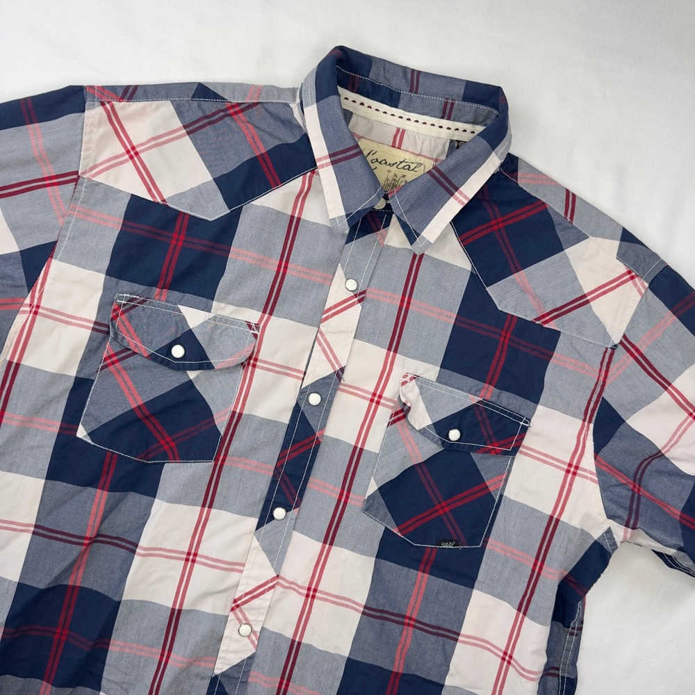 Coastal Shirt Mens XL Western Short Sleeve Blue Plaid Pearl Snap Buttons Pockets